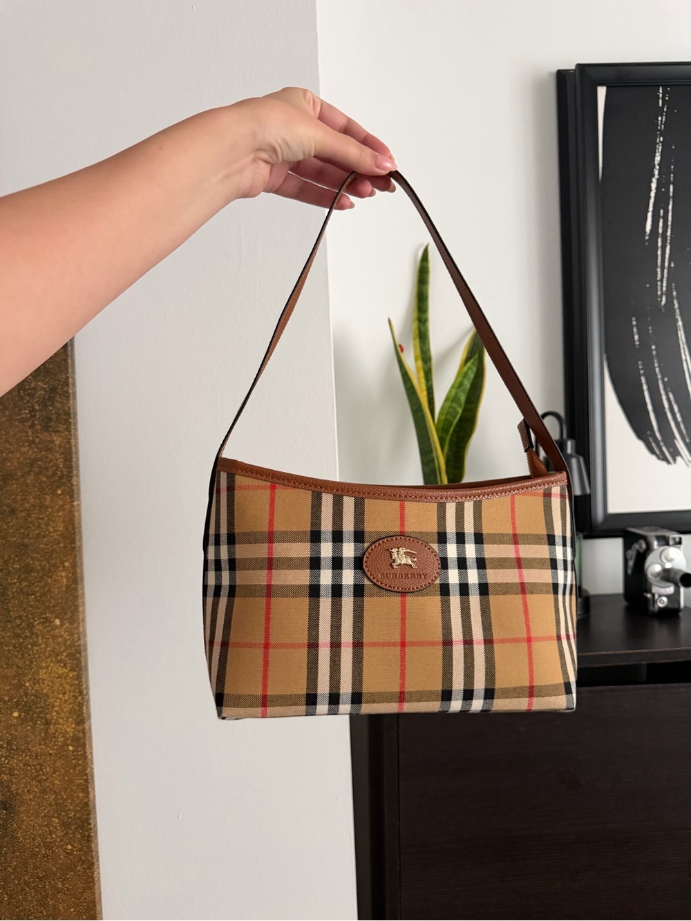 Brrberry Tan Vintage Check Shoulder Bag with Brown Trim